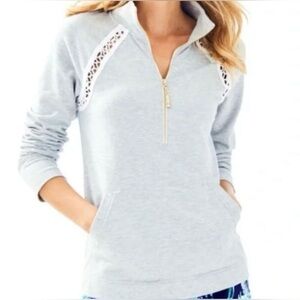 Lilly Pulitzer Skipper Heathered Seaside Gray Quarter-Zip with Lace Detail S NWT